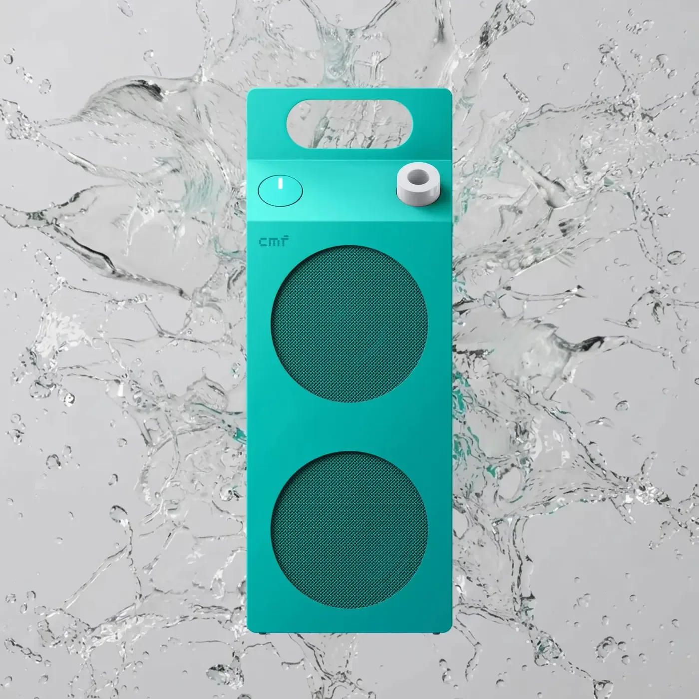 A turquoise CMF speaker surrounded by splashing water