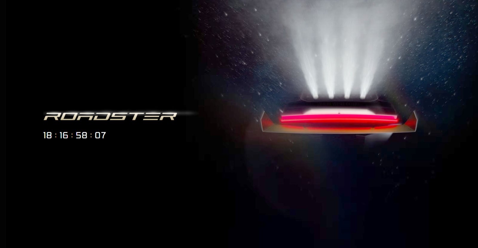 Gambar teaser rasmi Tesla Roadster sebelum pelancaran, menunjukkan pendorong yang memancut ke atas