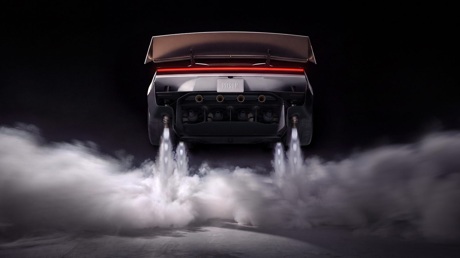 Bahagian belakang Tesla Roadster dengan empat pendorong memancut udara termampat ke bawah